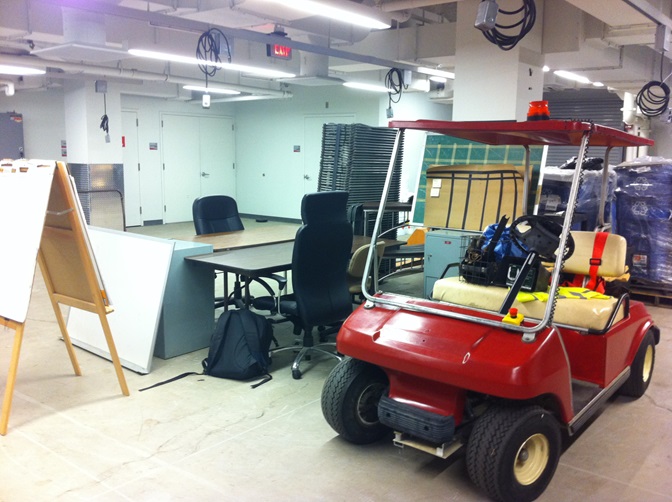 We kept the golf cart in the basement of WPI's recreation center.